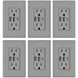 ELEGRP 30W 6.0 Amp 3-Port USB Wall Outlet, 15 Amp Receptacle with USB Type C Type A Ports, USB Charger for iPhone, iPad, Samsung, LG, HTC and Android Devices, UL Listed, with Wall Plate, 6 Pack, Gray