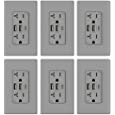 ELEGRP 30W 6.0 Amp 3-Port USB Wall Outlet, 20 Amp Receptacle with USB Type C Type A Ports, USB Charger for iPhone, iPad, Samsung, LG, HTC and Android Devices, UL Listed, with Wall Plate, 6 Pack, Gray
