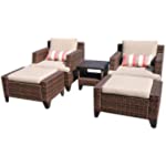 SUNSITT 5-Piece Outdoor Patio Furniture Set, Rattan Patio Lounge Chair and Ottoman Set with Waterproof Sofa Covers, Side Table with Aluminum Slatted Top, Brown Wicker
