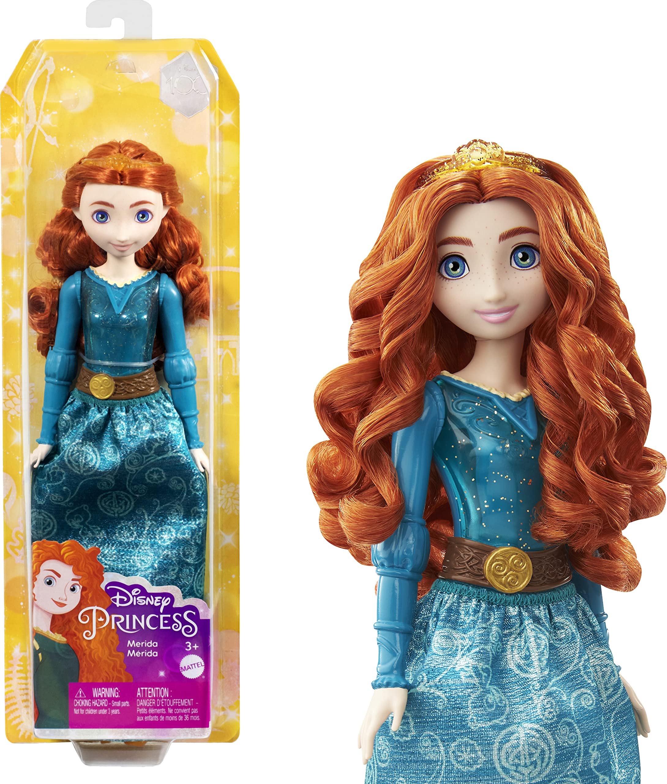 Disney Princess Merida Fashion Doll, New for 2023, Sparkling Look with Red Hair, Blue Eyes & Hair Accessory