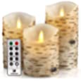 Comenzar Flickering Candles, Candles Birch Set of 3 (H: 4&quot; 5&quot; 6&quot; x D: 3.25&quot;)Birch Bark Battery Candles Real Wax Pillar with Remote Timer