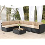 AECOJOY 7 Piece Patio PE Rattan Wicker Sofa Set, Outdoor Sectional Conversation Furniture Chair Set with Cushions and Table, Black
