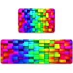 Rainbow Kitchen Rugs Sets 2 Pieces Geometric Plaid Neon Rainbow Gradient Color Anti Fatigue Comfort Floor Mat Washable Doormat Carpets Non-Slip Area Runner Rugs and Mats Fit Kitchen,Laundry,Bathroom