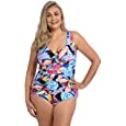 Maxine Of Hollywood Women&#39;s Standard V-Neck Twist Front Shirred One Piece Swimsuit, Multi//Party Palm, 18