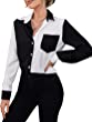 SheIn Women's Color Block Button Down Blouse V Neck Long Sleeve Collar Oversized Shirt Tops