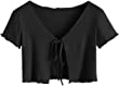 SweatyRocks Women's Tie Up Crop Top Short Sleeve Ribbed Knit Open Front Cropped Shirts