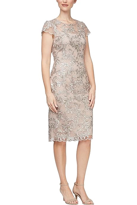 Women's Short Knee Length Floral Embroidered Cocktail Sheath Dress
