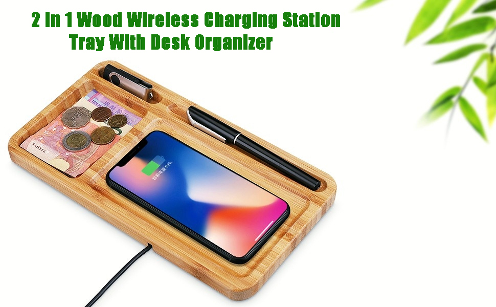 2 in 1 Wood Wireless Charging Station Tray With Desk Organizer