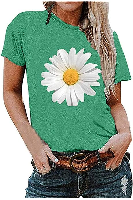Summer Tshirts for Women 2023, Women's Short Sleeve Blouse Daisy Floral Print Basic Summer Tee Shirts
