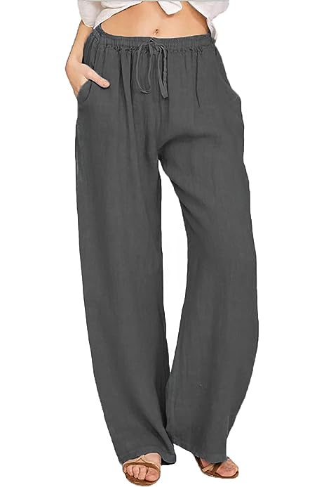 Linen Joggers for Women Casual Drawstring Pants Petite Wide Leg Trousers Elastic Waist Long Pant Palazzo Lounge Pant