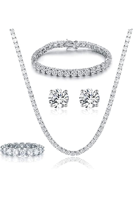 18K White Gold Plated Tennis Necklace/Bracelet/Earrings/Band Ring Sets Hypoallergenic Jewelry Pack of 4