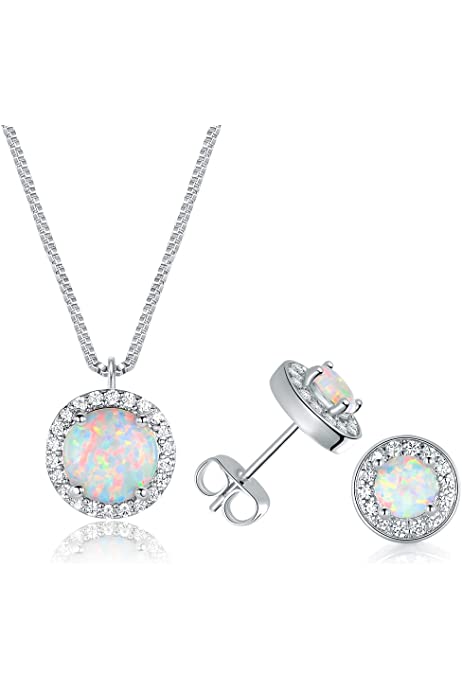 White Gold Opal Jewelry with Cubic Zirconia,Opal Necklace and Earring Set for Women and Girl(necklace and stud earring)