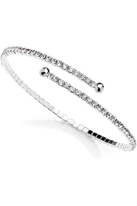 Austrian Crystal Rhinestone Silver Cuff Bracelet 1-Row Fashion Bangle - Wedding, Prom, Bridesmaid