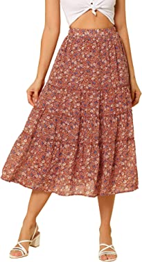 Allegra K Women's Floral Long Skirts Elastic Waist Tiered Ruffle Boho Midi Skirt