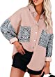 Dokotoo Womens Contrast Leopard Denim Jacket Long Sleeve Button Down Shirts Boyfriend Oversized Blouses Tops