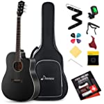 Donner Black Acoustic Guitar for Beginner Adult Full Size Cutaway Acustica Guitarra Bundle Kit with Free Online Lesson Gig Bag Strap Tuner Capo Pickguard String 4 Picks, Right Hand 41”, DAG-1CB