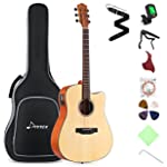 Donner Electric Acoustic Guitar Full Size Guitarra Acustica Electro Beginner kit for Adult Teen with Built in Preamp Bag Strap Capo Pickguard String Tuner Right Hand Cutaway 41 Inch DAG-1CE