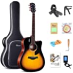 Rosen Solid Top Dreadnought Acoustic Guitar 41 Inches Spruce Guitar Beginner Bundle with Book, Padded Bag, Strings, Picks, Tuner, Hexwrench, Strap, Polishing Cloth, Sunburst