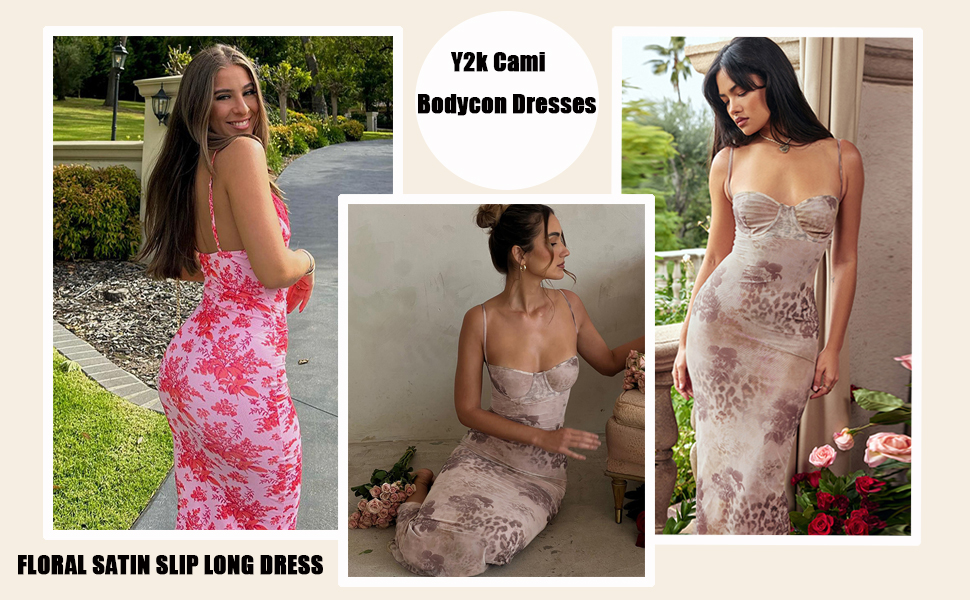 Women Sexy Spaghetti Strap Maxi Dress Bodycon Low Cut Backless Floral Print Y2K Long Dress 