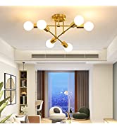 Modern Sputnik Chandelier, Brass Light Fixture, 6-Light Flush Mount Ceiling Light for Living Room...