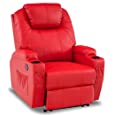 Mcombo Electric Power Recliner Chair with Heat and Massage, Footrest Extended, Electric Reclining Chair with USB and Cup Holders, Faux Leather 7050 (Not Lift Chair) (Red)