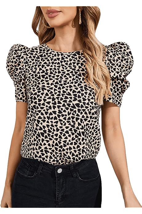 Women's Casual Polka Dots Short Puff Sleeve Round Neck Blouse Shirts Top