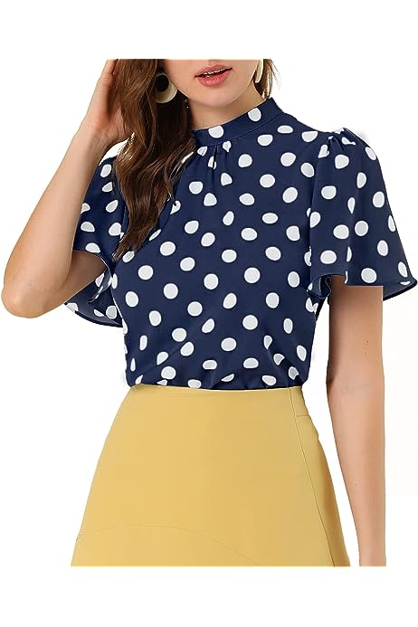 Women's Polka Dots Blouse Stand Collar Pleat Keyhole Back Short Flare Sleeve Tops