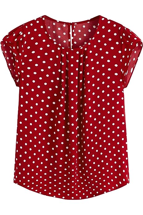 Women's Elegant Polka Dots Print Cap Sleeve Keyhole Back Work Blouse Top