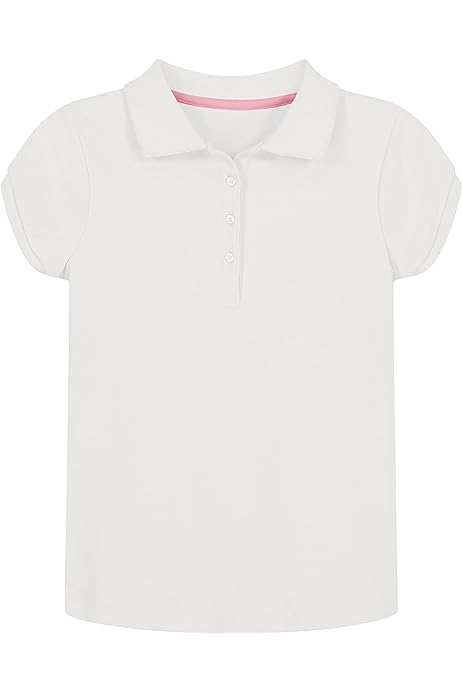 Girls' School Uniform Short Sleeve Polo Shirt, Button Closure, Soft Pique Fabric