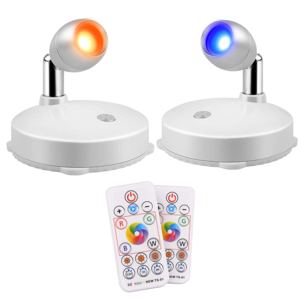 RGB LED Spotlight, Prosperbiz Battery Operated Accent Lights, Wireless LED Puck Light, Dimmable Uplight with Remote, Stick on Anywhere for Lighting up Painting Picture Artwork Closet, 2 Pack