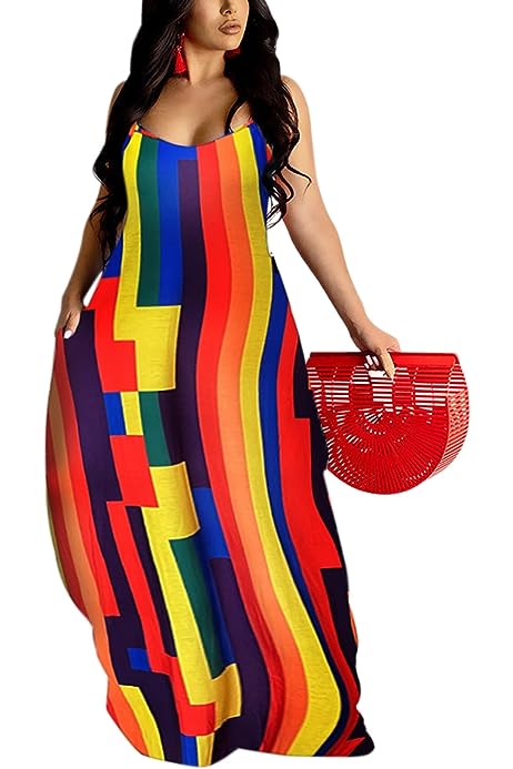 Women's Summer Plus Size Hawaiian Dresses Tie Dye Spaghetti Strap Maxi Dress Beach Boho Sundress