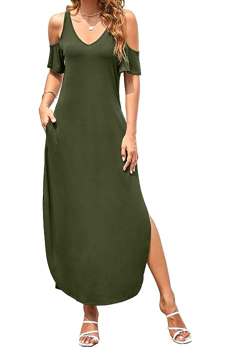 Women's Summer Maxi Dresses V Neck Cold Shoulder Short Sleeve Casual Loose Long Split Dress with Pocket