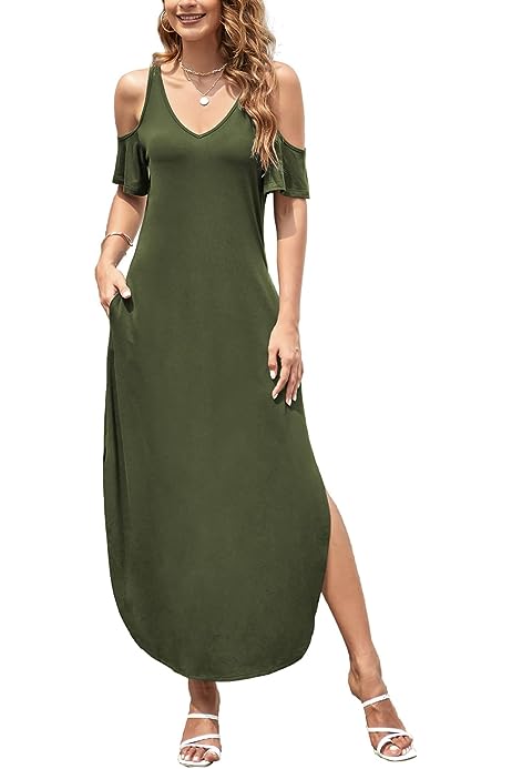 Maxi Dress for Women Casual Summer V Neck Cold Shoulder Short Sleeve Split Long Beach Dresses with Pockets