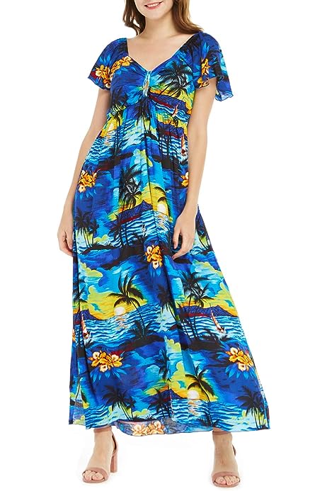 Women's Hawaiian Maxi Ruffle Sleeve Dress in Sunset Patterns