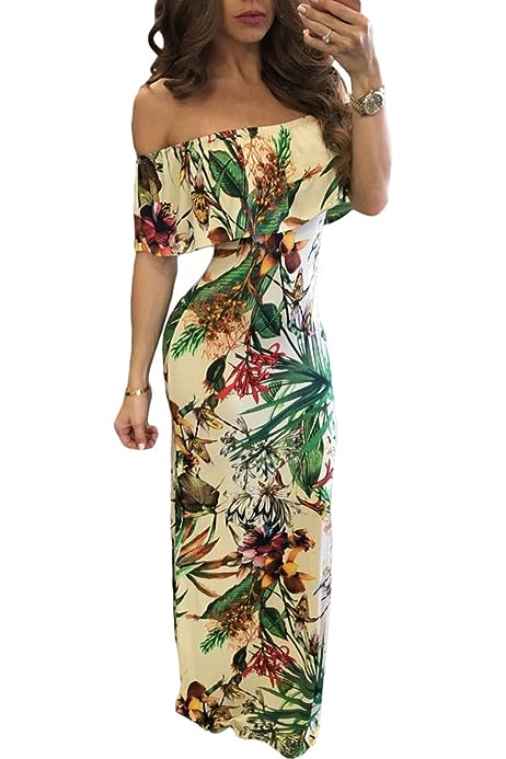 Womens Summer Off The Shoulder Ruffle Floral Printed Hawaiian Long Beach Maxi Dress