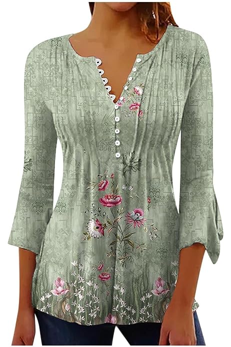 Womens Summer Tops 2023 Floral Button Down Tunic Shirts 3/4 Sleeve Tops Blouse Trendy Dressy Casual Ladies Clothes
