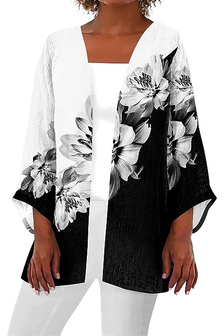 Cardgian for Women Summer 2023 Trendy 3/4 Sleeve Floral Printed Button Shirts Dressy Casual Plus Size Blouses Jacket