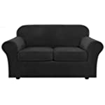 Real Velvet Plush 3 Piece Stretch Sofa Covers Couch Covers for 2 Cushion Couch Sofa Slipcovers (Base Cover Plus 2 Large Cushion Covers) Feature Thick Soft Stay in Place (Large Sofa, Black)