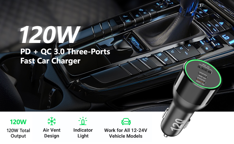 120W 3 Port Car Charger