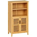 VIAGDO Bamboo Storage Cabinet, Freestanding Floor Cabinet with Double Doors and Open Shelves, 2 Removable Shelves, Bathroom Cabinet Organizer, Small Sideboard for Bedroom, Living Room, Kitchen