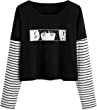 SweatyRocks Women's Color Block Butterfly Print Striped Long Sleeve Crop Top T Shirt