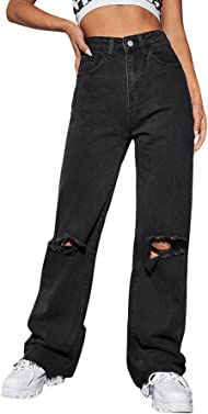 SweatyRocks Women's Casual Loose Ripped Denim Pants Distressed Wide Leg Jeans