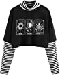 SweatyRocks Women's Color Block Butterfly Print Striped Long Sleeve Crop Top T Shirt