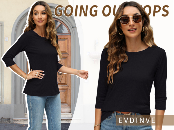 Casual 3/4 Sleeve T-Shirts Round Neck Cute Tunic Tops Basic Tees Blouses Loose Fit Pullover