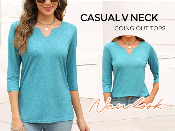 EADINVE Womens V Neck 3/4 Sleeve T-Shirts Solid Color Casual Basic Tops