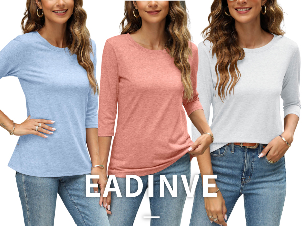 Casual 3/4 Sleeve T-Shirts Round Neck Cute Tunic Tops Basic Tees Blouses Loose Fit Pullover