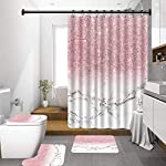 NITWY Marble Bathroom Sets with Shower Curtain and Rugs 4PCS Pink Shiny No Glitter White Marble Bathroom Curtains Shower Set with Non-Slip Rug Toilet Lid Cover and Bath Mat,12 Hooks,Machine Washable