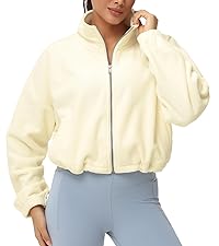 Fleece Cropped Jacket Full Zip Stand Collar Workout Short Sherpa Coats with Pockets Drawstring Hem