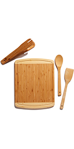 Bamboo Cutting Board With Bonus 3-Piece Cooking Utensils