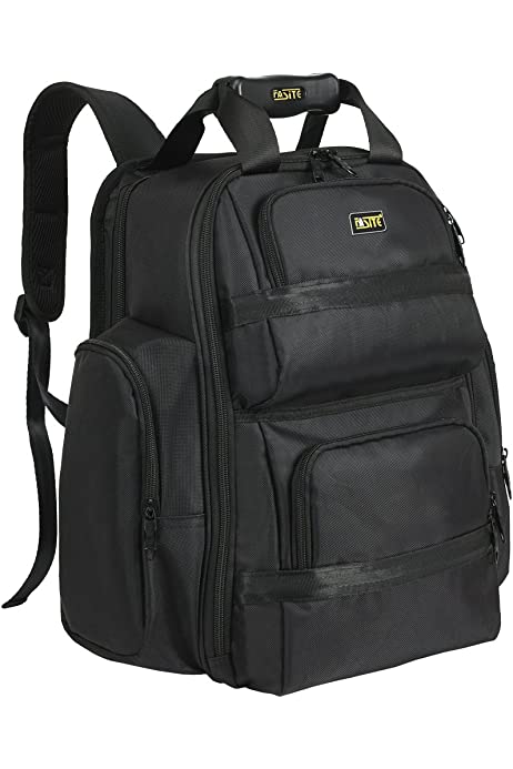 Tool Bag Backpack - Heavy Duty Professional Storage & Organizer for Contractor, Electrician, Plumber, HVAC, Large Front Flap Fit 13" -17" Laptops Notebook, Black